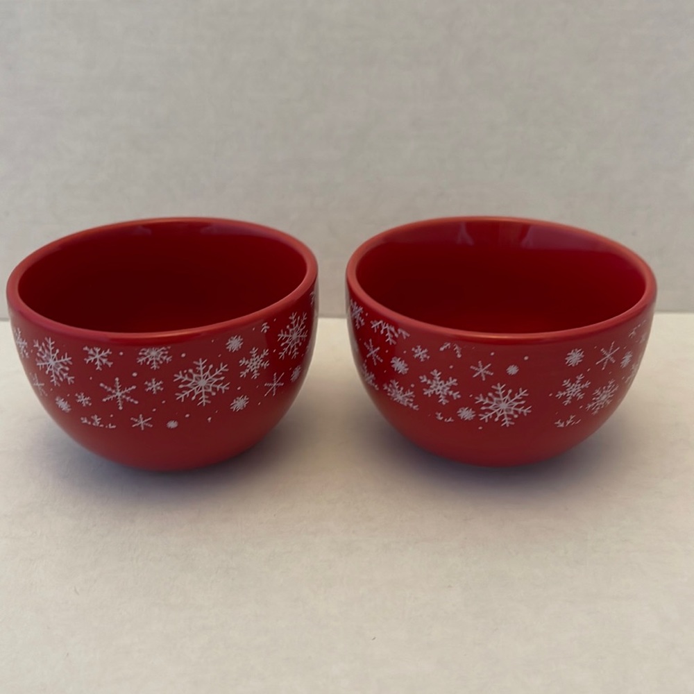 Dipping Condiment bowls red ceramic with white snowflake design